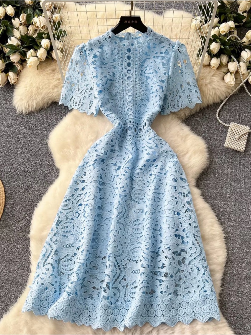 Elegant Light Blue Lace Midi Dress